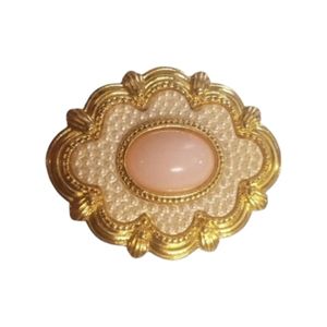 Vintage Avon Coral Cabachon Center White Faux Pearls Gold Brooch Pin
